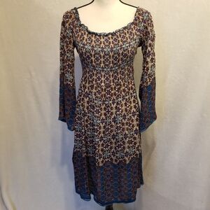 Frazzle L Dress Knee Smocked Crinkle Bell Sleeve Milkmaid Bohemian Cottagecore